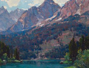 Edgar Payne Rugged Peaks high mountain landscape trees lake oil painting