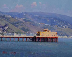 Calvin Liang A View From Malibu ocean mountains sky pier oil painting