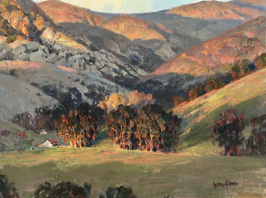 Andrew Peters Andy Peters Last Rays Of Sunlight landscape mountain trees grass ranch farm house western oil painting