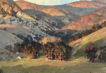 Andrew Peters Andy Peters Last Rays Of Sunlight landscape mountain trees grass ranch farm house western oil painting