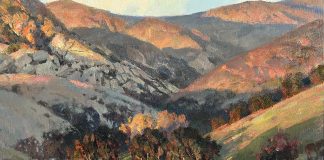 Andrew Peters Andy Peters Last Rays Of Sunlight landscape mountain trees grass ranch farm house western oil painting