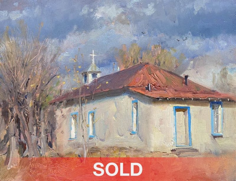 Andrew Peters San Fidel, NM New Mexico landscape church worship adobe Santa Fe Taos Christ architecture architectural oil painting Prix de West sold