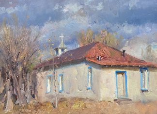 Andrew Peters San Fidel, NM New Mexico landscape church worship adobe Santa Fe Taos Christ architecture architectural oil painting Prix de West