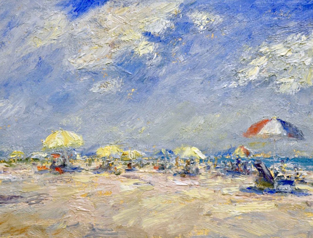 Mark Daly Sunny Clouds beach umbrellas sky oil painting