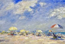 Mark Daly Sunny Clouds beach umbrellas sky oil painting