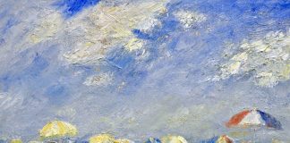 Mark Daly Sunny Clouds beach umbrellas sky oil painting