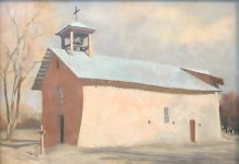 Elizabeth Sandia "Santa Cruz Chapel - Ojo Caliente, NM" pastel painting architecture building mission stucco western