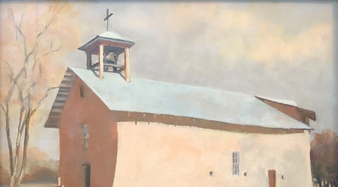 Elizabeth Sandia "Santa Cruz Chapel - Ojo Caliente, NM" pastel painting architecture building mission stucco western