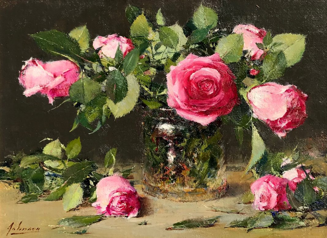 robert johnson pink roses stillife floral oil painting