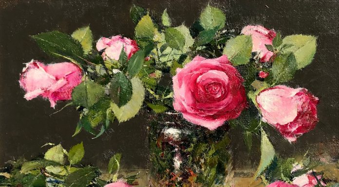 robert johnson pink roses stillife floral oil painting