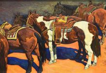 howard post waiting to work horses in corral western oil painting
