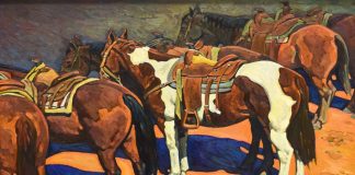 howard post waiting to work horses in corral western oil painting