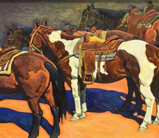 howard post waiting to work horses in corral western oil painting