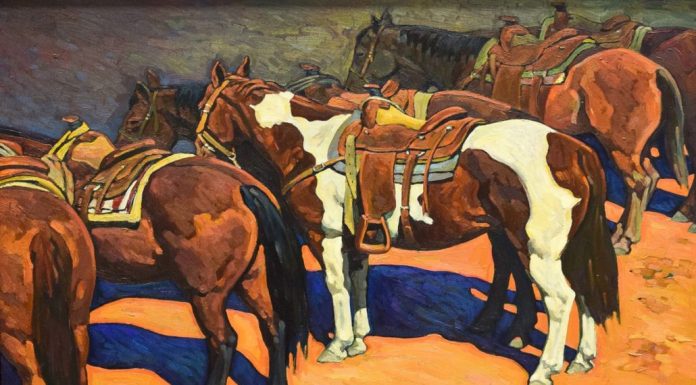 howard post waiting to work horses in corral western oil painting