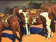 howard post waiting to work horses in corral western oil painting