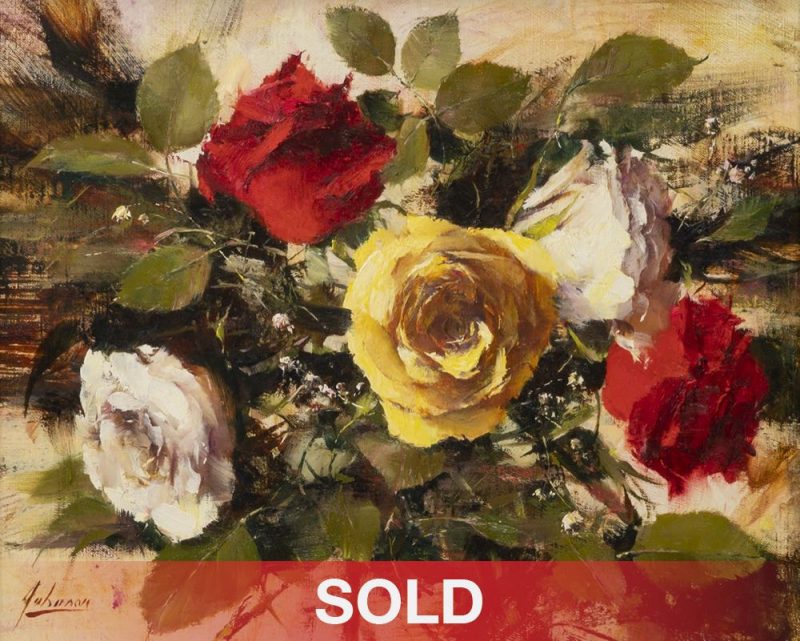 Robert Johnson Five Roses floral flowers still life oil painting