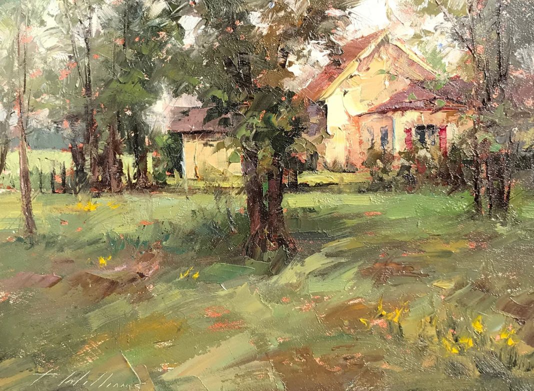 todd williams wood cottage house trees grass landscape oil painting