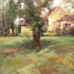 todd williams wood cottage house trees grass landscape oil painting