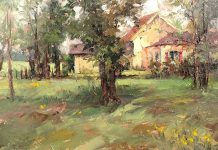 todd williams wood cottage house trees grass landscape oil painting