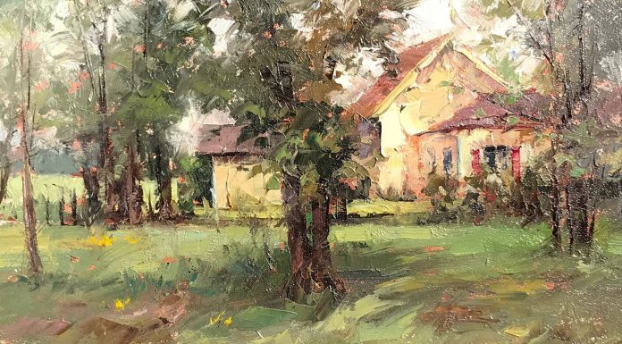 todd williams wood cottage house trees grass landscape oil painting