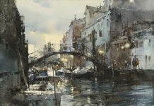 Chung Wei Chien Venice At Dusk buildings waterway watercolor painting