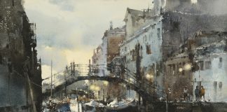Chung Wei Chien Venice At Dusk buildings waterway watercolor painting