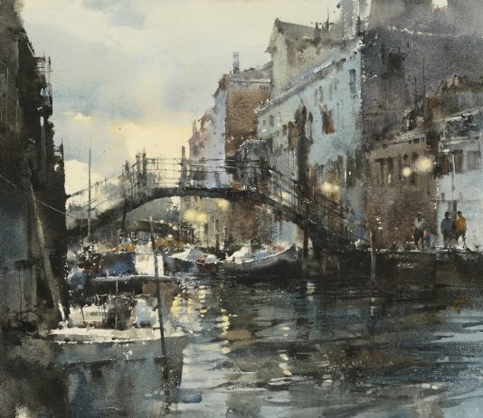 Chung Wei Chien Venice At Dusk buildings waterway watercolor painting