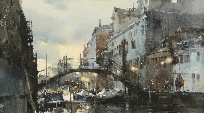 Chung Wei Chien Venice At Dusk buildings waterway watercolor painting