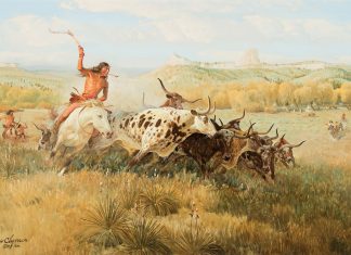 John Clymer Spotted Buffalo, Native American buffalo hunt
