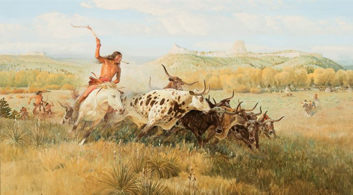 John Clymer Spotted Buffalo, Native American buffalo hunt