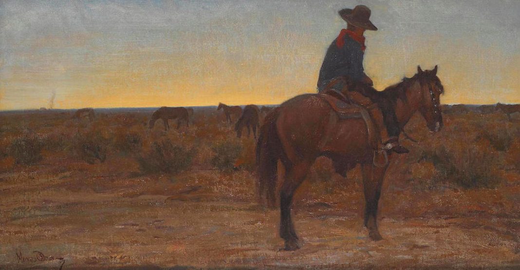 Maynard Dixon Daybreak cowboy on horse western landscape painting