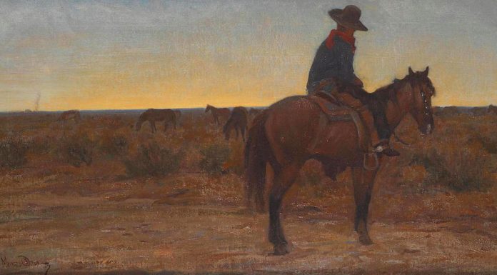 Maynard Dixon Daybreak cowboy on horse western landscape painting