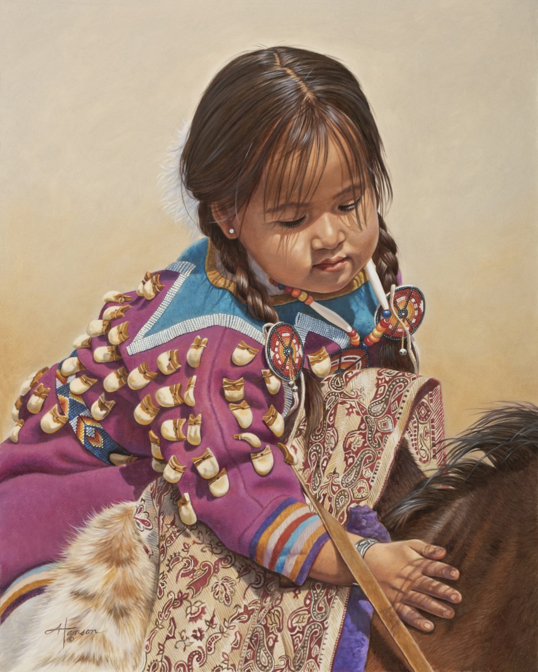 Ann Hanson A Soft Touch Native American Indian girl petting horse on saddle western oil painting