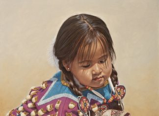 Ann Hanson A Soft Touch Native American Indian girl petting horse on saddle western oil painting