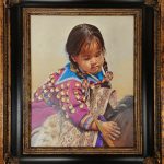 Ann Hanson A Soft Touch Native American Indian girl petting horse on saddle western oil painting framed