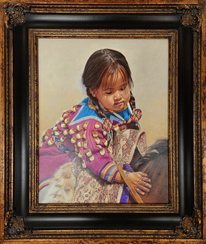 Ann Hanson A Soft Touch Native American Indian girl petting horse on saddle western oil painting framed