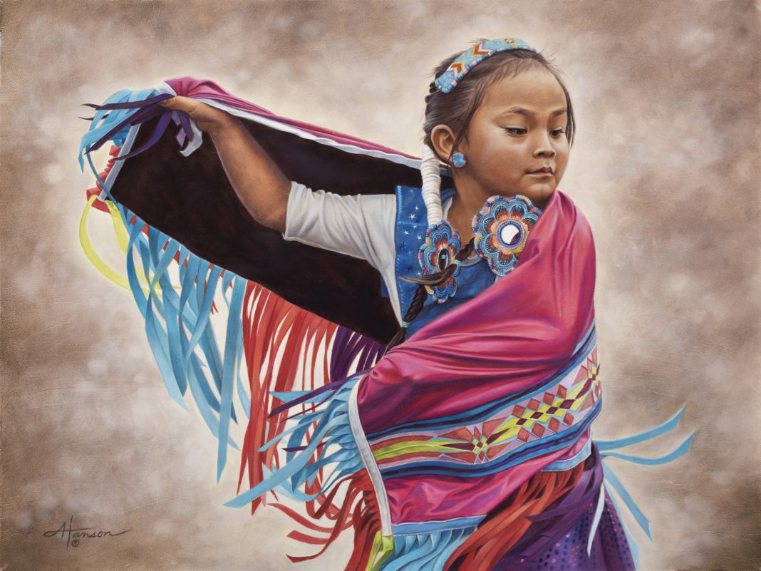 Ann Hanson Lost In The Dance Native American Indian girl dancer clothing ceremony ceremonial western oil painting