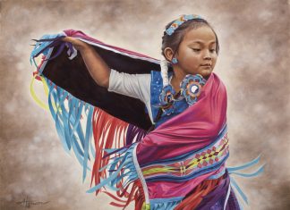 Ann Hanson Lost In The Dance Native American Indian girl dancer clothing ceremony ceremonial western oil painting