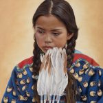 Ann Hanson Making Plans Native American Indian girl thinking eagle feathers figure figurative western oil painting sold