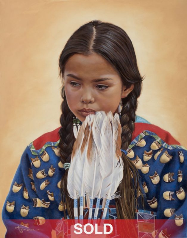 Ann Hanson Making Plans Native American Indian girl thinking eagle feathers figure figurative western oil painting sold
