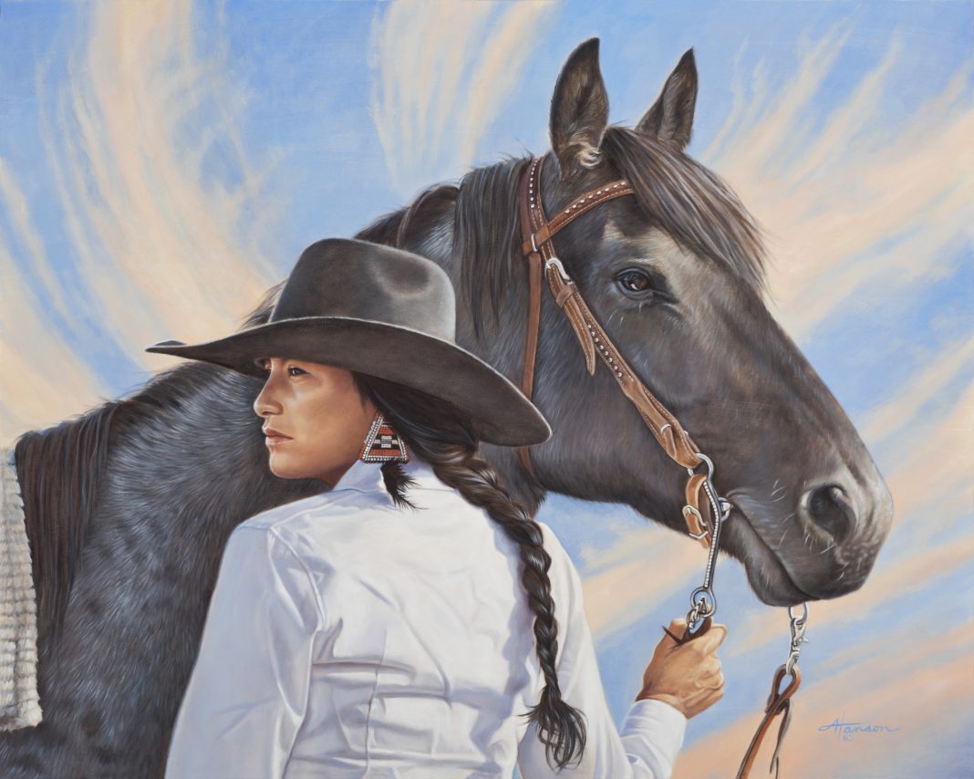 Ann Hanson True Blue Native American Indian woman cowboy hat black horse western oil painting