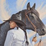 Ann Hanson True Blue Native American Indian woman cowboy hat black horse western oil painting