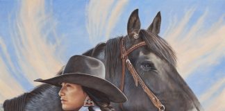 Ann Hanson True Blue Native American Indian woman cowboy hat black horse western oil painting