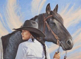 Ann Hanson True Blue Native American Indian woman cowboy hat black horse western oil painting