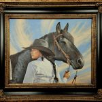 Ann Hanson True Blue Native American Indian woman cowboy hat black horse western oil painting framed