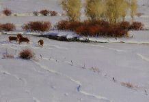 Dan Young A Winter Gathering snow cows snow tracks snowy landscape oil painting