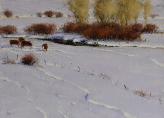 Dan Young A Winter Gathering snow cows snow tracks snowy landscape oil painting
