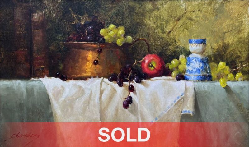 Jean Chambers Abundance copper pot apple green grapes still life oil painting sold