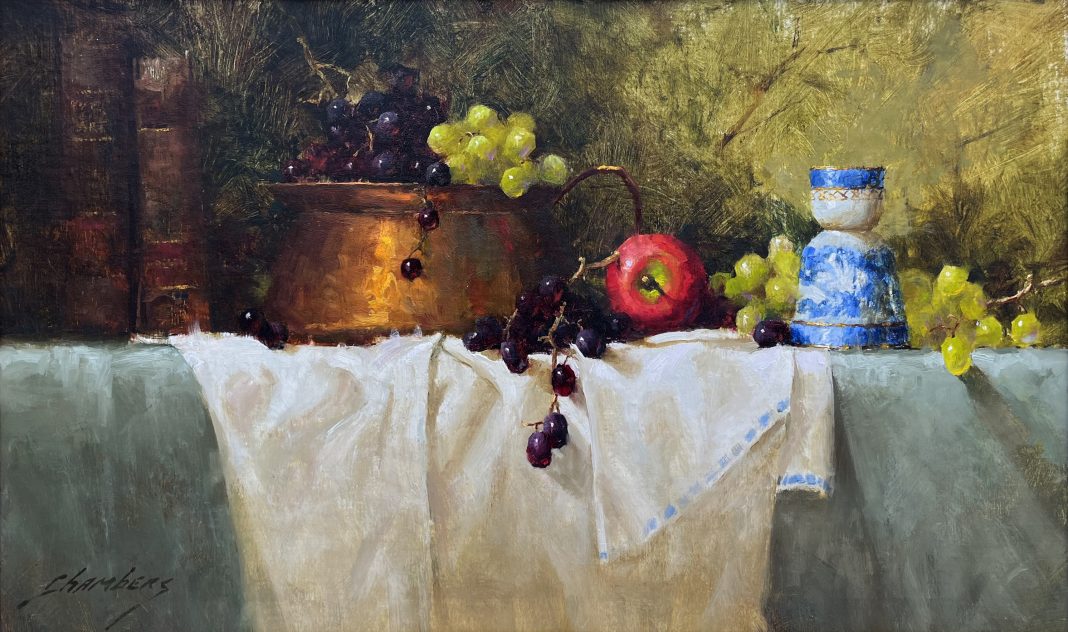 Jean Chambers Abundance copper pot apple green grapes still life oil painting
