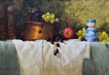 Jean Chambers Abundance copper pot apple green grapes still life oil painting